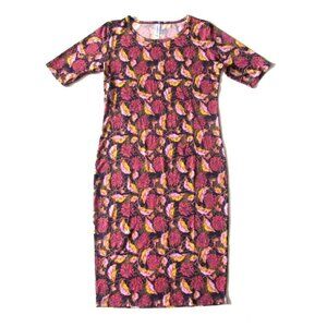 LuLaRoe Julia in Pink & Yellow Leaf Chrysanthemum Mum Floral Sheath Dress S